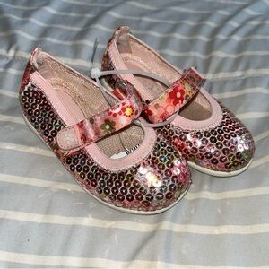 Carole Little Girls Mary Jane sequin shoes with pink floral velcro strap, size 5